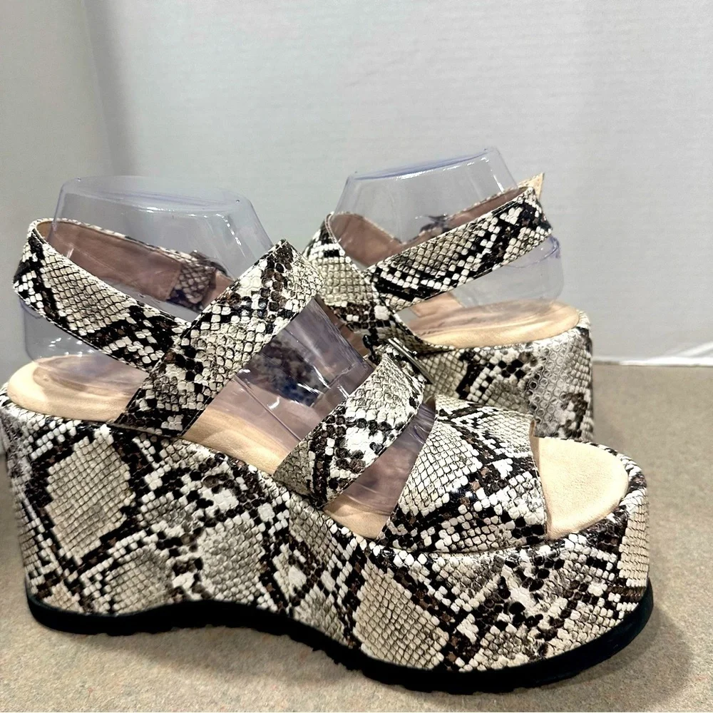Free People Snake-Print Platform Sandals in White and Brown